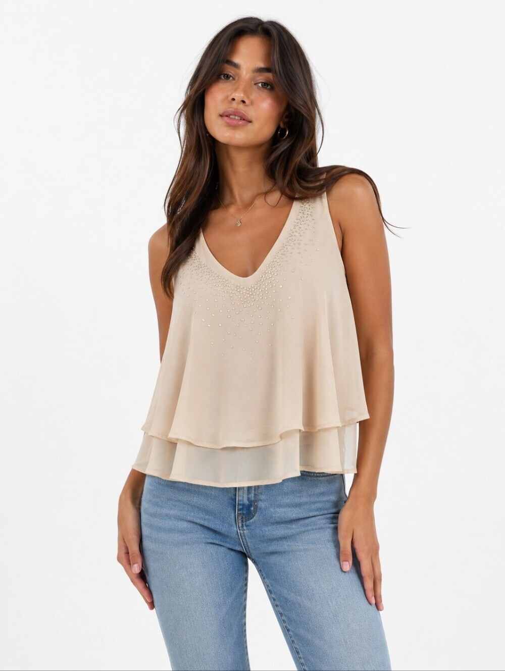 Charlotte Ruse Women’s Tan Beaded Layered Chiffon Tank Top